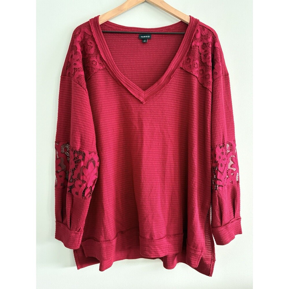 Torrid Waffle Top Womens Plus Size 2X V Neck Thermal Maroon Lace Stretch